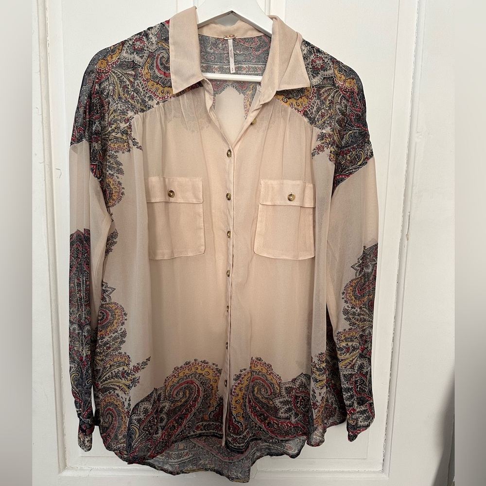 FREE PEOPLE EASY RIDER BOHO SHEER PAISLEY LONG SLEEVE BUTTON DOWN BLOUSE TOP